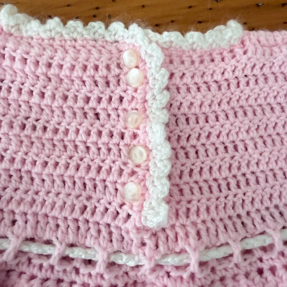 Vintage Handmade Crochet Dress 12-18M Pink White Trim Coquette Bow Pearl Button
